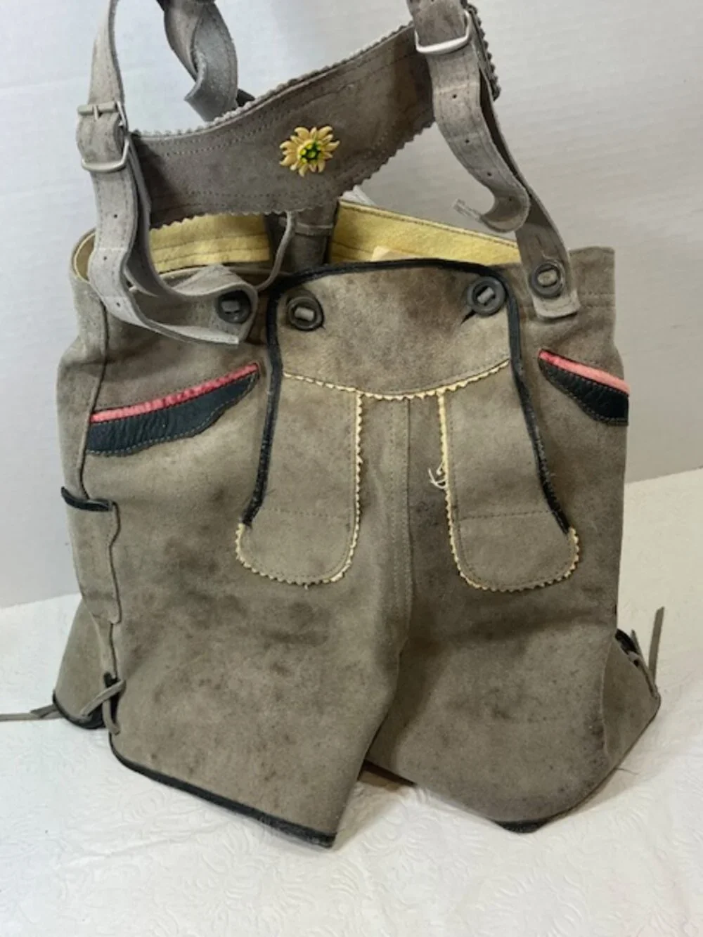 VTG Child's Gray Suede Leather Traditional Lederhosen Adj Suspenders Edelweiss